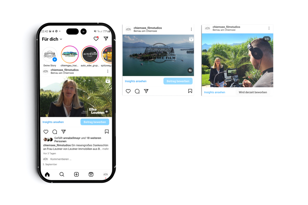 Handy zeigt ein von den Chiemsee Filmstudios produziertes Video auf Social Media mit verschiedenen Varianten daneben. Seite: Marketing
